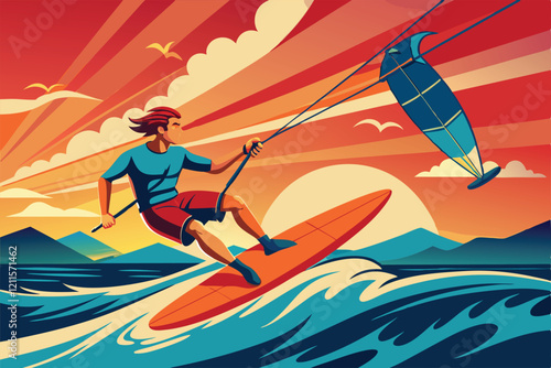 A kite surfer maneuvers gracefully over the waves at sunset, enjoying the thrill of the ride and the stunning scenery, Kite surfer surfing on the waves. Vector illustration in retro style