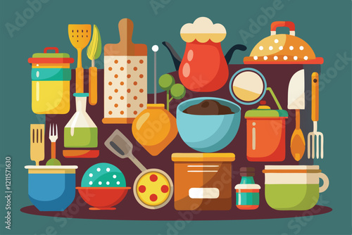 A vibrant display of kitchenware showcasing essential cooking tools and dishware for meal prep, Kitchenware items set, Dishware for cooking and preparing food,