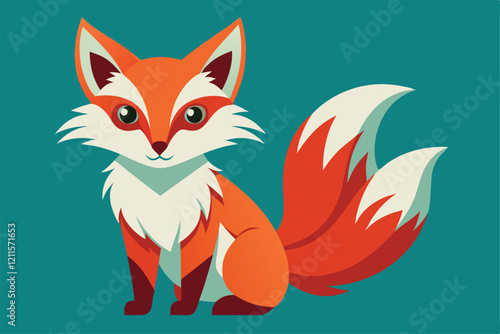 A playful kitsune character with a bushy tail and bright colors sits against a teal backdrop, ready for customization, Kitsune Customizable Flat Illustration