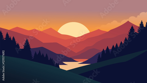 Sunset casts warm hues over a valley filled with trees and lush grass, creating a tranquil landscape flat vector illustration.