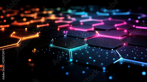 A dark background with an abstract grid of glowing hexagon