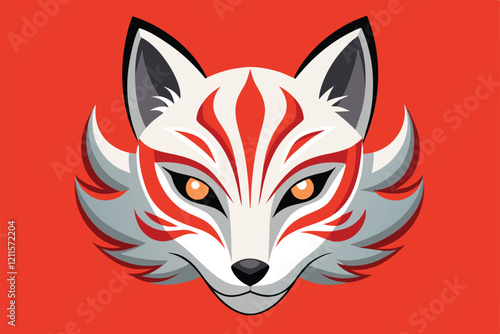This stunning kitsune mask boasts intricate patterns and vibrant colors, ideal for customization and creativity, Kitsune mask Customizable Semi Flat Illustration