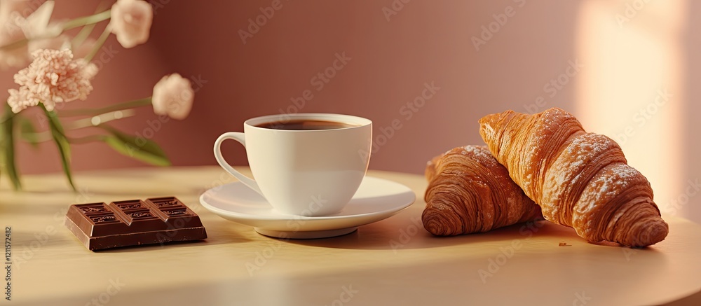 Delightful scene featuring a white coffee cup with black coffee beside two golden croissants and a chocolate bar on a light wooden table with pink tones. Delightful scene featuring a white coffee cup with black coffee beside two golden croissants and a chocolate bar on a light wooden table with pink tones.