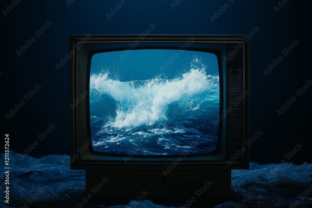 Fototapeta premium Surreal Vintage Television Displaying Ocean Waves for Artistic Home Decor
