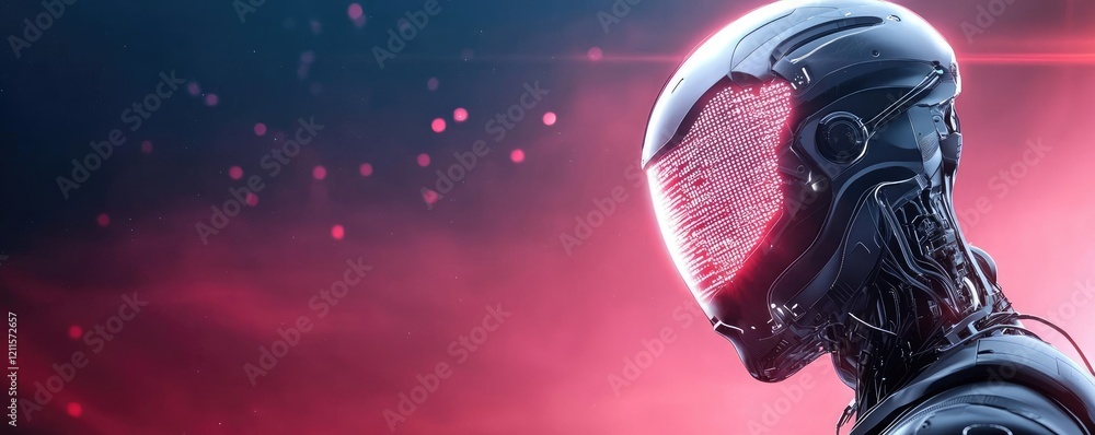 Naklejka premium Automated feedback ai idea. Futuristic robot with a luminous heart, showcasing advanced AI and robotic design.