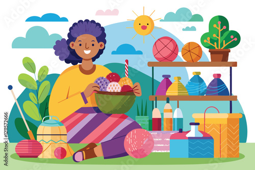 A woman happily enjoys knitting with vibrant yarn and crafting tools in a bright, cheerful outdoor environment, Knitting Customizable Flat Illustration