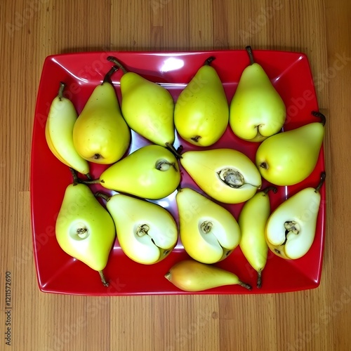 pears on a plate
=>
En un plato largo y cuadrado rojo se colocan 14 peras españolas. Cinco de ellos están tallados con un karo y enredados con la concha. Está organizado bastante bien y prolijamente. photo