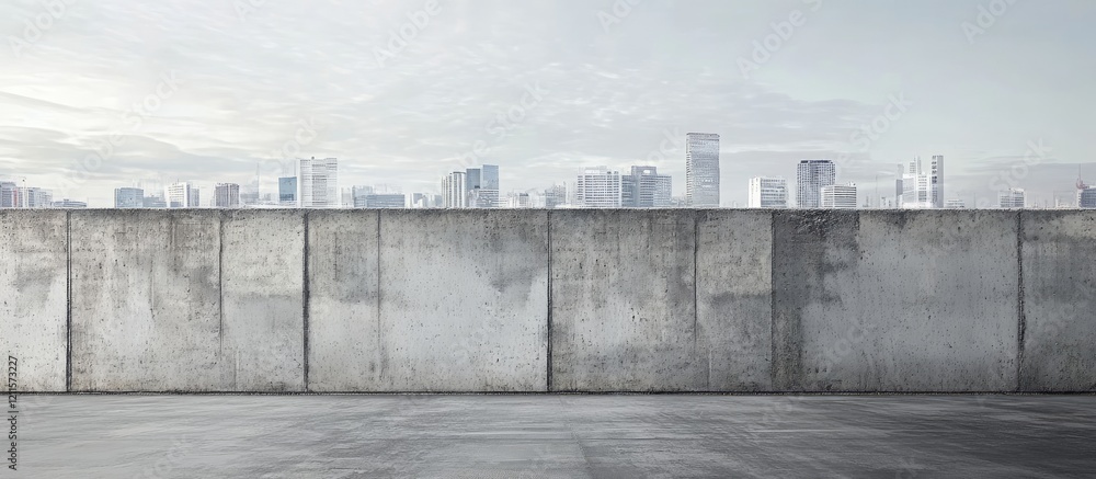 Urban skyline view behind a textured concrete wall in soft gray tones with a hint of blue sky ideal for creative projects and backgrounds. Urban skyline view behind a textured concrete wall in soft gray tones with a hint of blue sky ideal for creative projects and backgrounds.
