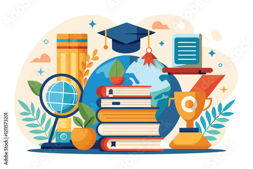 A colorful collection of educational symbols like books, a globe, and trophies to inspire learning, Knowledge Customizable Semi Flat Illustration