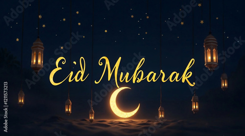 Eid Mubarak greeting card with a serene night sky, glowing crescent moon, and festive lanterns, symbolizing faith, blessings, and celebration photo