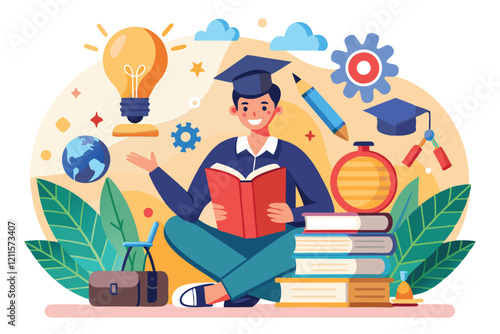 A young scholar studies in an inspiring space filled with books, tools, and symbols of education, Knowledge gain, academic studying, cognitive academic research,