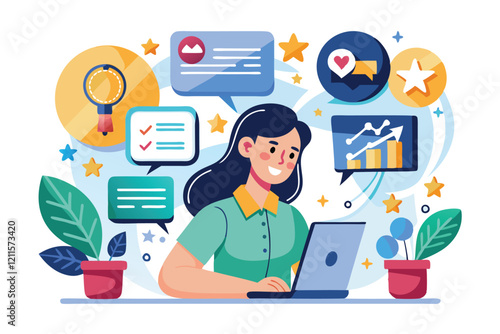 A person engages in client reviews, analyzing feedback and performance metrics in a digital workspace filled with icons, Know your customer, Client review concept,