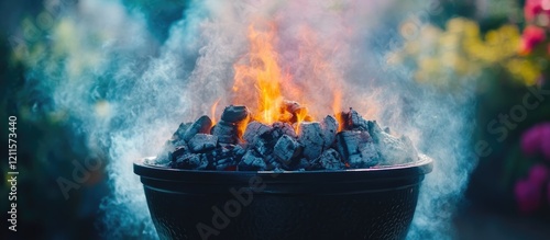 Vibrant outdoor scene of a black charcoal grill with roaring flames and smoke against a lush garden background, capturing a lively backyard atmosphere. photo