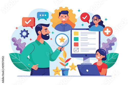 A team enthusiastically collaborates on client feedback strategies, reviewing insights and satisfaction metrics, Know your customer, Client review concept,