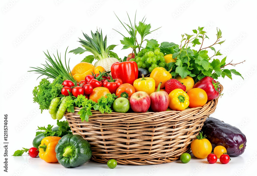 A big basket filled with various colorful fruits and vegetables isolated on white studio background A big basket filled with various colorful fruits and vegetables isolated on white studio background