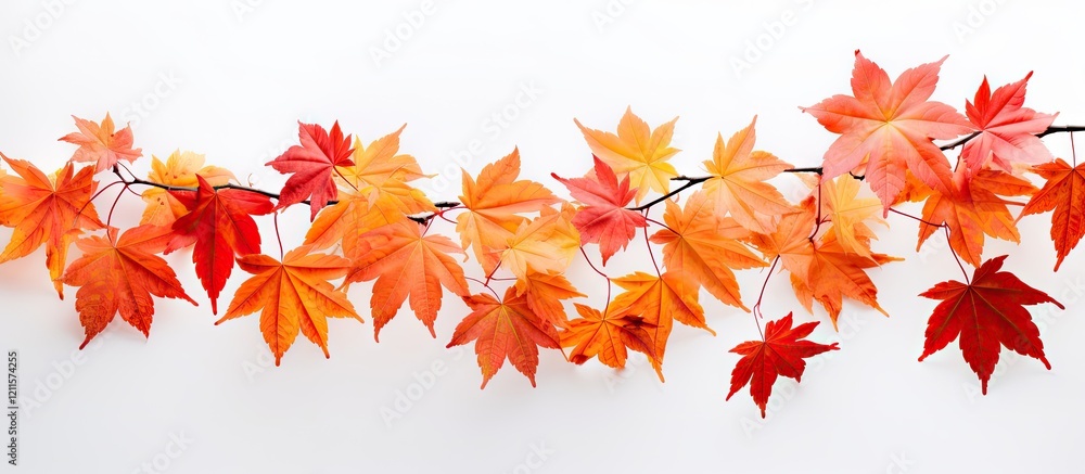 Vibrant autumn maple leaves in shades of orange and red arranged horizontally on a clean white background conveying a seasonal ambiance Vibrant autumn maple leaves in shades of orange and red arranged horizontally on a clean white background conveying a seasonal ambiance