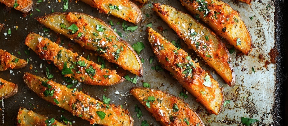 Crispy baked potato wedges arranged on a metal pan with green herbs and spices enhancing their texture golden brown in color perfect for appetizers