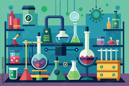 A lively lab workspace brimming with glassware, beakers, and scientific tools, Laboratory