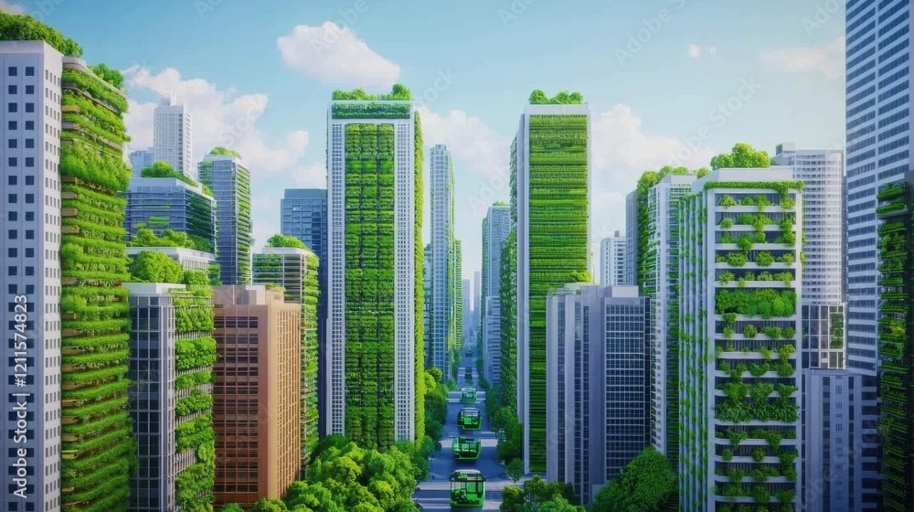 Obraz premium EcoFriendly Cityscape Green Buildings and Sustainable Transport