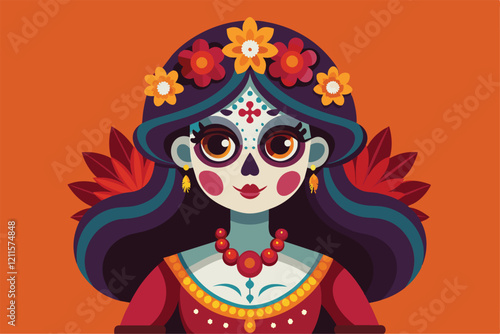 A La Catrina figure adorned with flowers, colorful attire, and traditional elements celebrates cultural heritage, La catrina Customizable Semi Flat Illustration