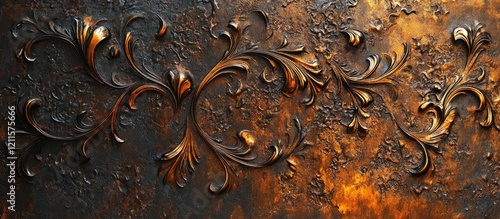 Intricate metal art texture featuring dark bronze swirls and fiery orange highlights on a textured background for artistic expression and design. photo