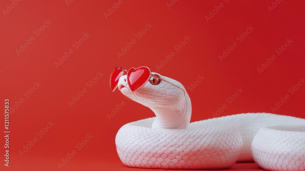Fototapeta premium Exotic pet valentine Love symbol. White snake wearing heart sunglasses against a red background.
