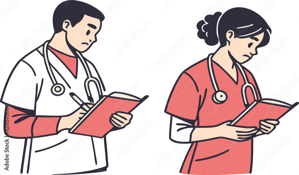 Fototapeta premium Medical staff, doctor, vector illustration, line character