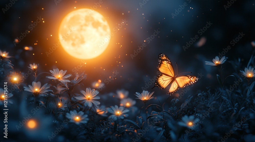 Naklejka premium A serene night scene featuring a glowing full moon illuminating a butterfly amidst blooming flowers