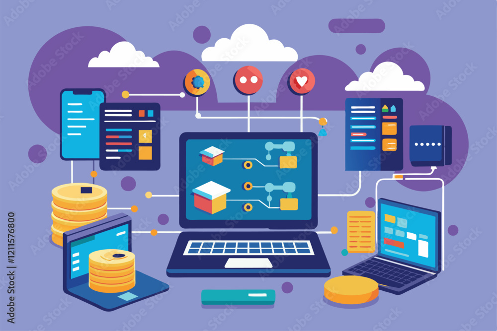 Laptops sync data with large systems via cloud tech and visual interfaces in today's workflow, laptop storage synchronization to big data Laptops sync data with large systems via cloud tech and visual interfaces in today's workflow, laptop storage synchronization to big data