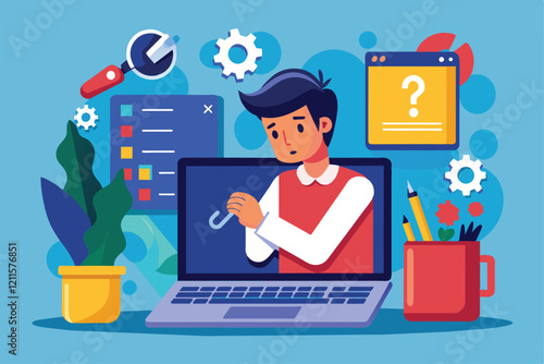 A technician offers laptop troubleshooting support in a bright and organized workspace, laptop troubleshooting service