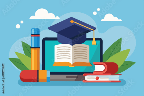 A laptop shows a graduation cap surrounded by books and stationery, symbolizing education and achievement, Laptop with graduation cap, book and pencil,