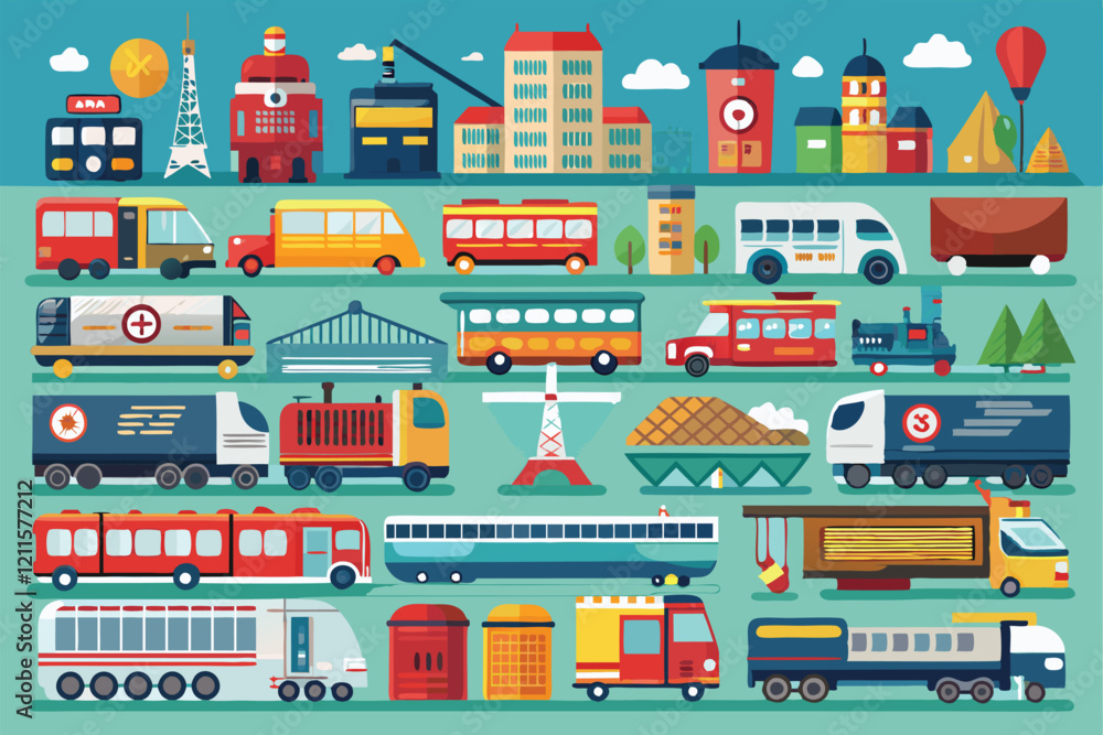 Obraz premium Explore a diverse array of transport icons showcasing trains, buses, and various vehicles in a lively design, Large set of 25 transport icons with trains and trams