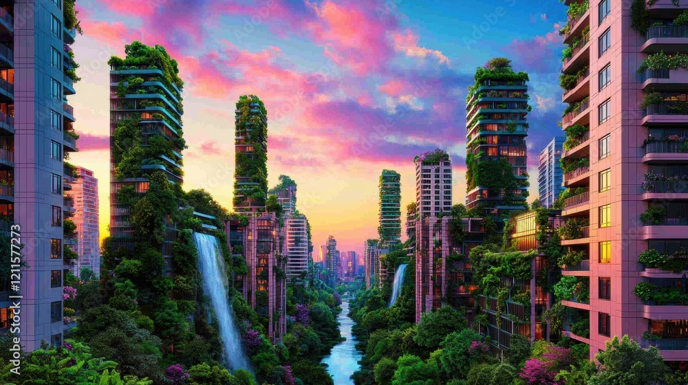 Obraz premium Futuristic EcoCityscape Green Buildings Waterfalls Sunset