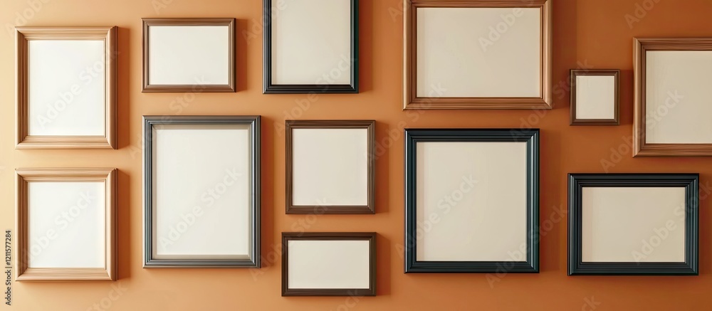 Fototapeta premium Gallery wall featuring various empty picture frames in shades of brown, black, and gold against a warm orange background. Framed in different sizes.