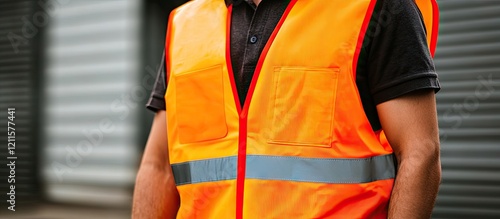 Worker in an orange safety vest with reflective stripes, standing outdoors against a backdrop of green and gray storage doors, expressing readiness.