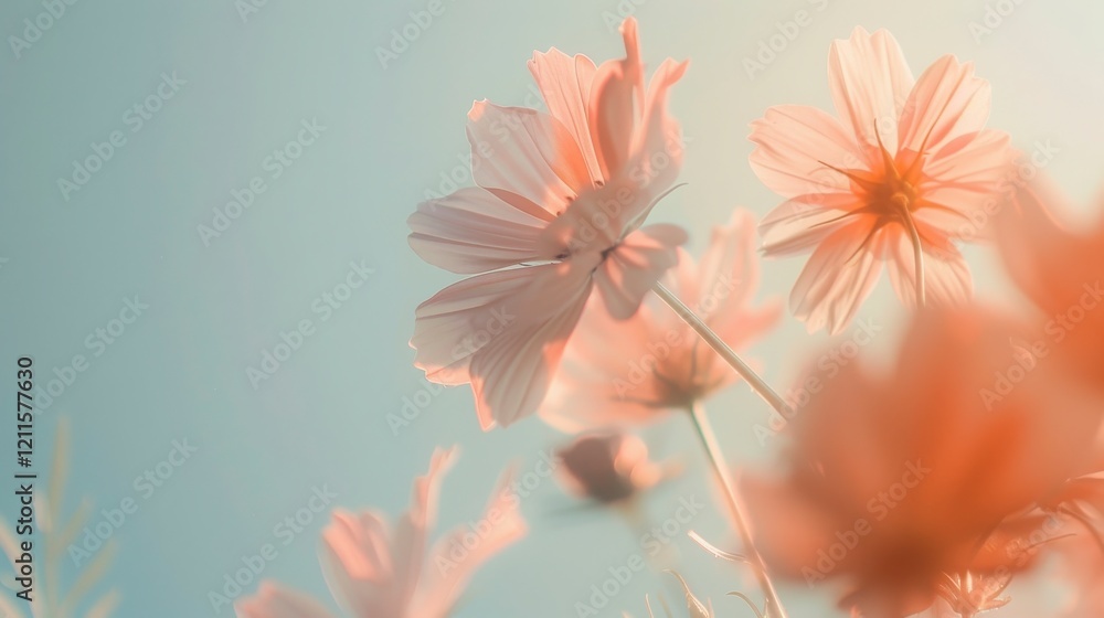 Fototapeta premium Soft Pink Flowers Gently Swaying Under Bright Sky, Capturing the Essence of Springtime Serenity and Nature's Delicate Beauty, Perfectly Composed in a Pastel Palette