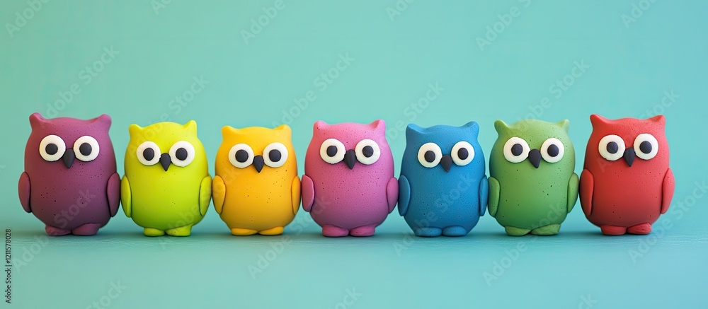Vibrant row of colorful clay owl toys in shades of green, pink, yellow, blue, and red against a teal background creating a playful ambiance Vibrant row of colorful clay owl toys in shades of green, pink, yellow, blue, and red against a teal background creating a playful ambiance