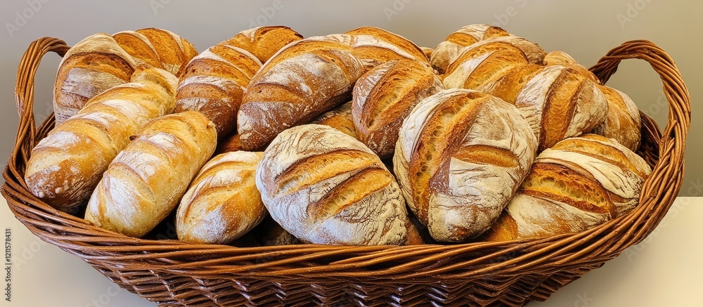 A large wicker basket on a white surface filled with various loaves of rustic bread in golden brown and light beige tones. A large wicker basket on a white surface filled with various loaves of rustic bread in golden brown and light beige tones.