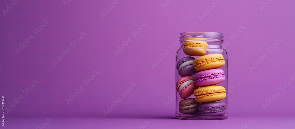 Colorful macarons in a glass jar positioned on the right side against a vibrant purple backdrop highlighting their delightful textures and variety Colorful macarons in a glass jar positioned on the right side against a vibrant purple backdrop highlighting their delightful textures and variety