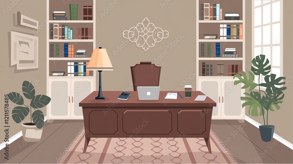 A modern office interior featuring a wooden desk, bookshelves filled with books, a lamp, a laptop, and decorative plants, creating a productive and inviting workspace atmosphere. A modern office interior featuring a wooden desk, bookshelves filled with books, a lamp, a laptop, and decorative plants, creating a productive and inviting workspace atmosphere.