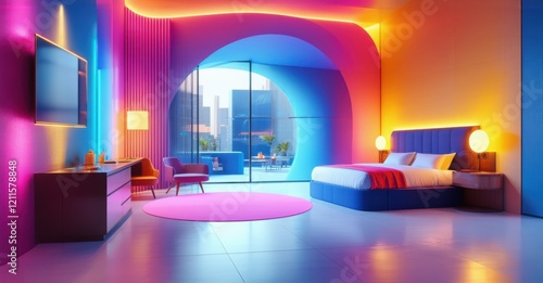 Futuristic bedroom with neon lighting, glowing floor, modern furniture, ambient atmosphere, digital aesthetics, smart design, high-tech interior, vibrant colors, contemporary luxury, innovation hub photo