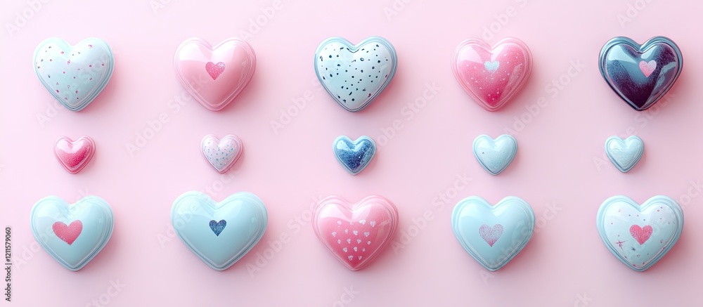 Pastel heart badges in various sizes arranged centrally on a soft pink background, featuring patterns like dots and stripes in shades of blue and pink. Pastel heart badges in various sizes arranged centrally on a soft pink background, featuring patterns like dots and stripes in shades of blue and pink.