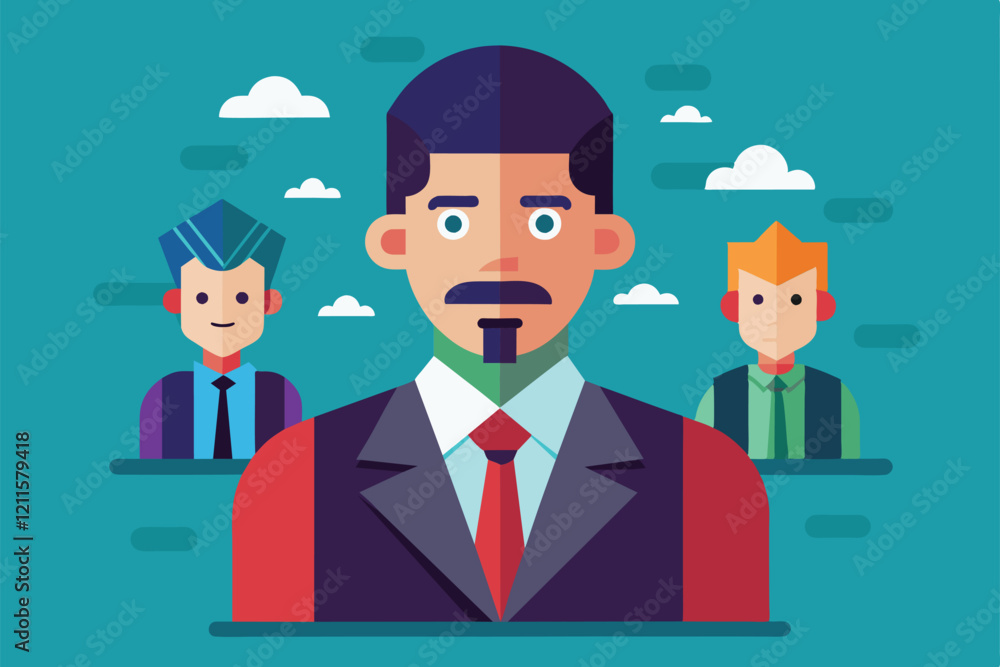 A group of three leaders showcases diverse styles and expressions in a corporate environment with a colorful backdrop, Leader Customizable Flat Illustration A group of three leaders showcases diverse styles and expressions in a corporate environment with a colorful backdrop, Leader Customizable Flat Illustration
