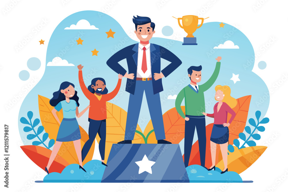 A group of five people joyfully celebrating success, with one person standing proudly on a podium holding a trophy, Leadership Customizable Flat Illustration A group of five people joyfully celebrating success, with one person standing proudly on a podium holding a trophy, Leadership Customizable Flat Illustration