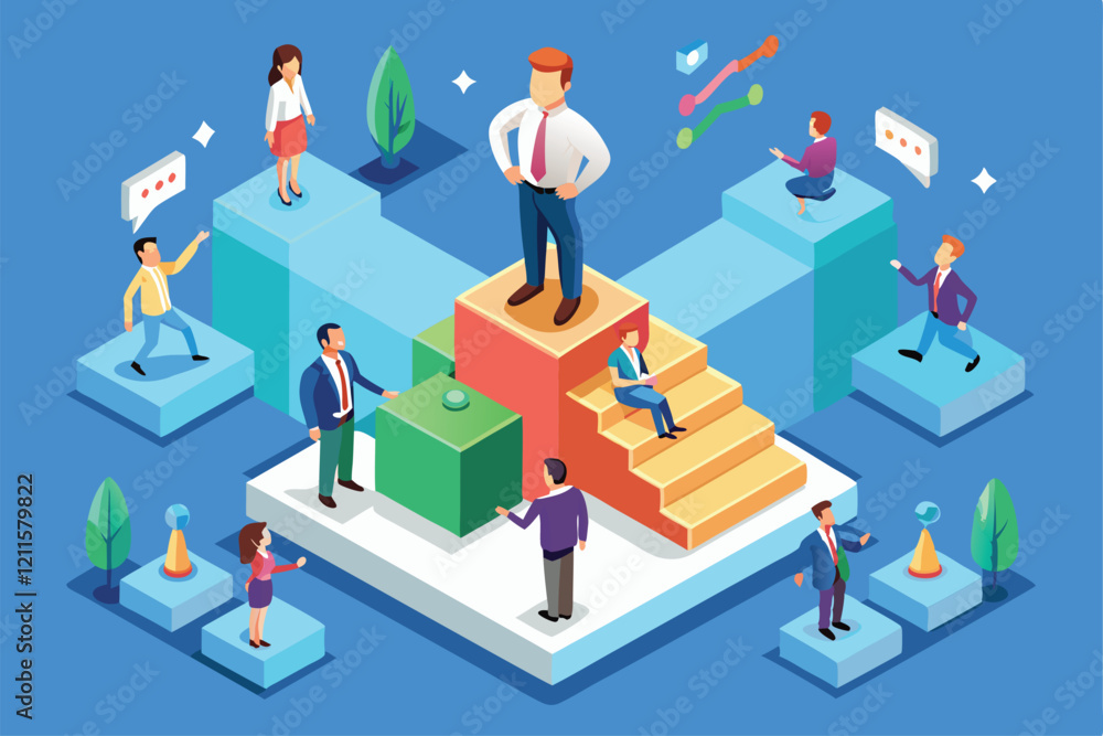 Individuals engage in a collaborative setting, highlighting leadership roles and teamwork at a modern workplace, Leadership Customizable Isometric Illustration Individuals engage in a collaborative setting, highlighting leadership roles and teamwork at a modern workplace, Leadership Customizable Isometric Illustration