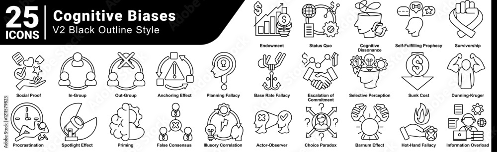Fototapeta premium Cognitive Biases icon bundle 25 in line style