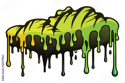 Dripping paint in vibrant green and black forms an artistic expression on a city wall, showcasing urban creativity, Leaked paint or liquid, street art and grunge style collection on copy space,