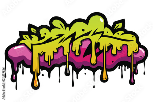 A display of colorful street art showcases drips and splashes of paint against a gritty urban backdrop, Leaked paint or liquid, street art and grunge style collection on copy space,