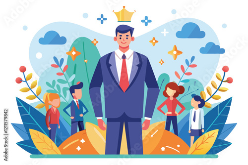 A confident individual stands at the forefront, surrounded by team members, under a bright blue sky with greenery, Leadership Customizable Semi Flat Illustration
