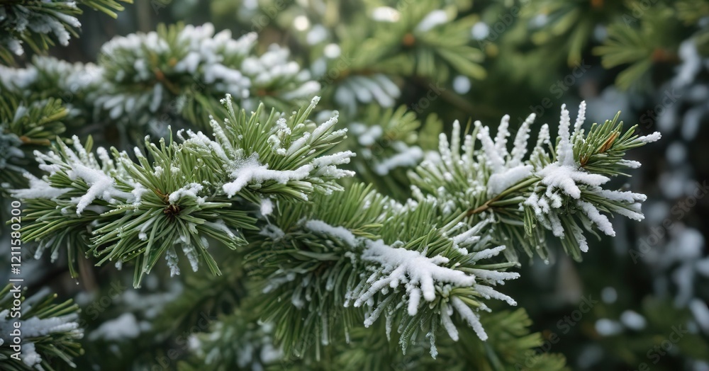 Close-up of soft white snowflakes on green pine tree needles, winter season, tranquility, nature's beauty, snow crystals, winter wonderland Close-up of soft white snowflakes on green pine tree needles, winter season, tranquility, nature's beauty, snow crystals, winter wonderland